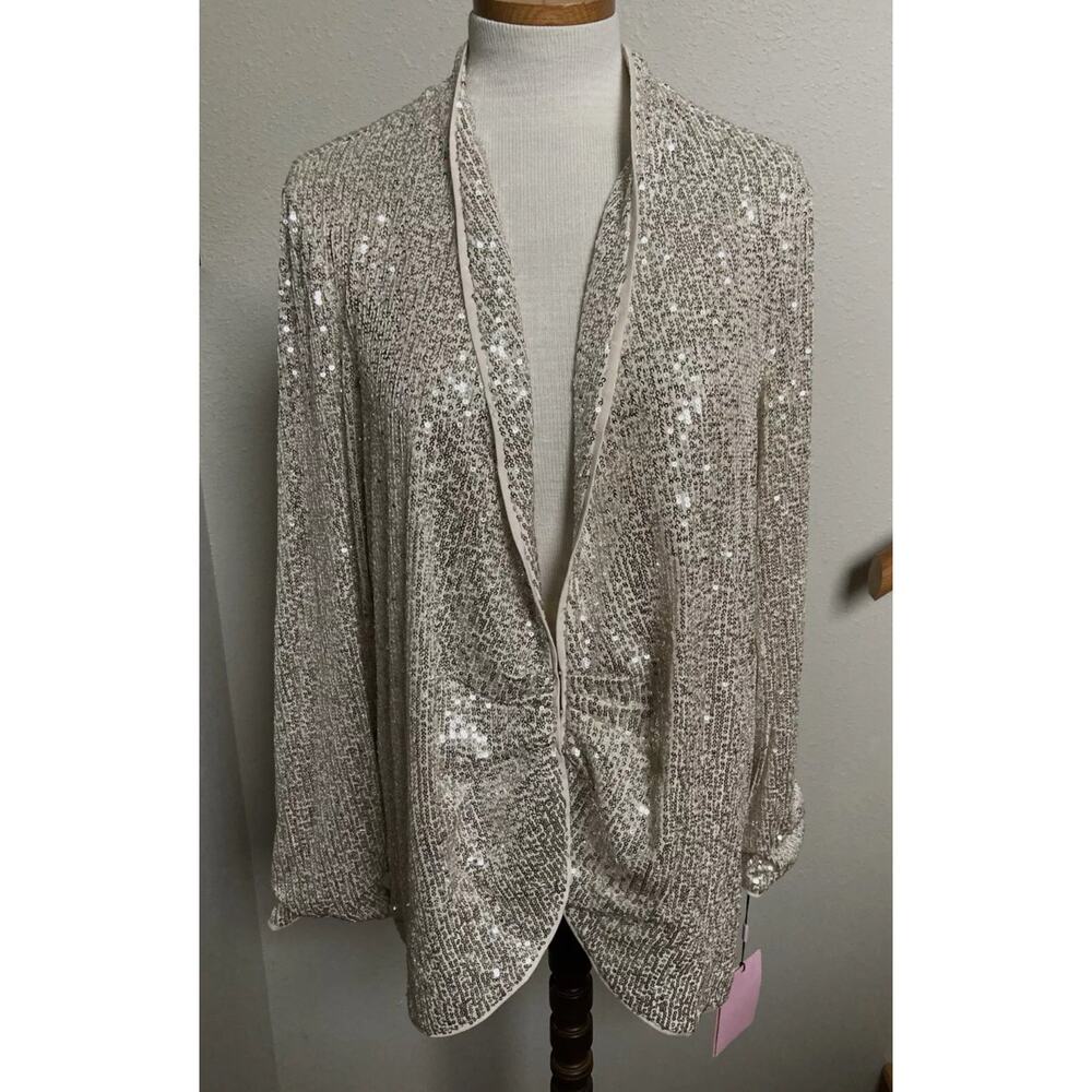 AVEC LES FILLES Silver SEQUIN BLAZER JACKET Sparkle Hook Close 3X